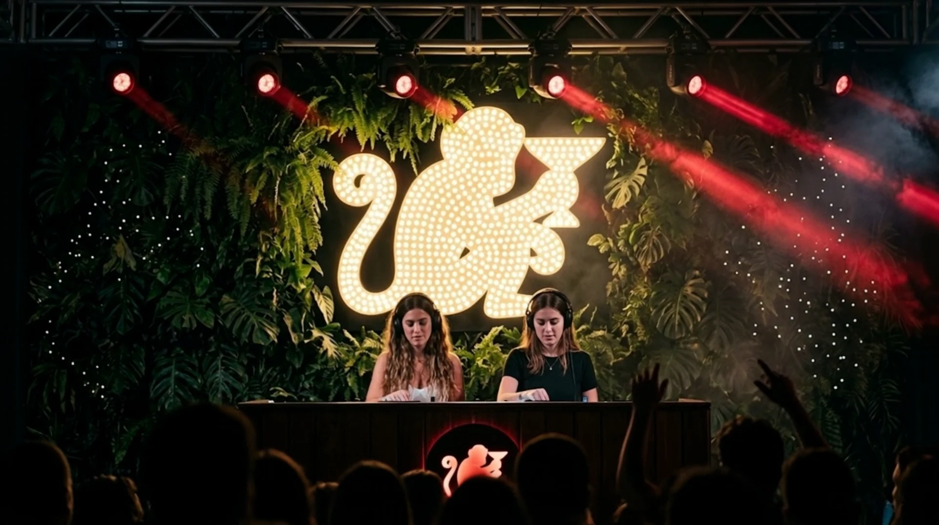 DJs tocando em frente ao macaco luminoso do Bosque